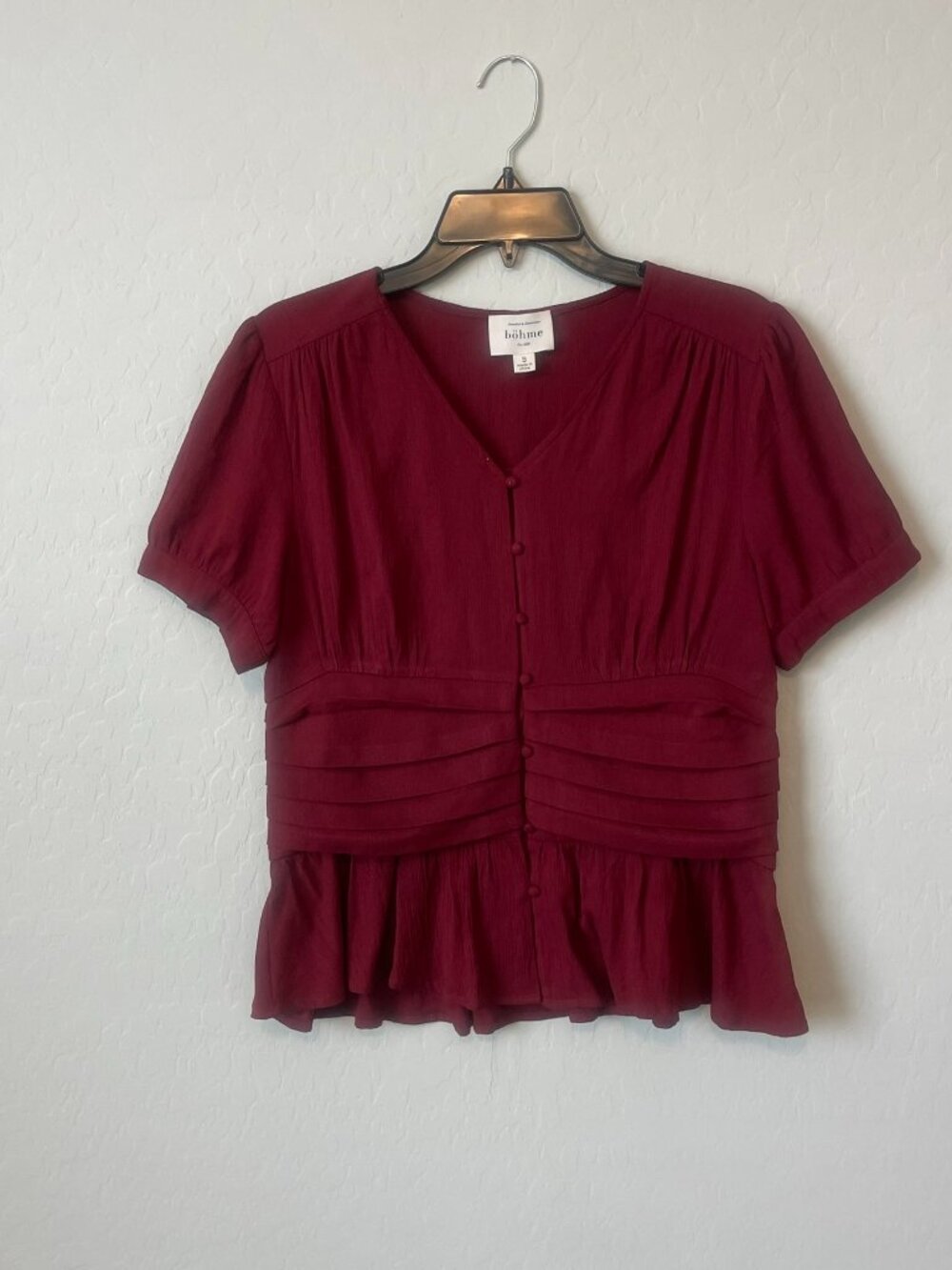 Böhme Maroon V-Neck Peplum Blouse - Size S
